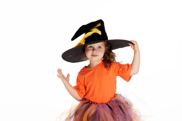 Feliz Fiesta Halloween Niña Divertida Traje Bruja Para Halloween Sobre —  Fotos de Stock