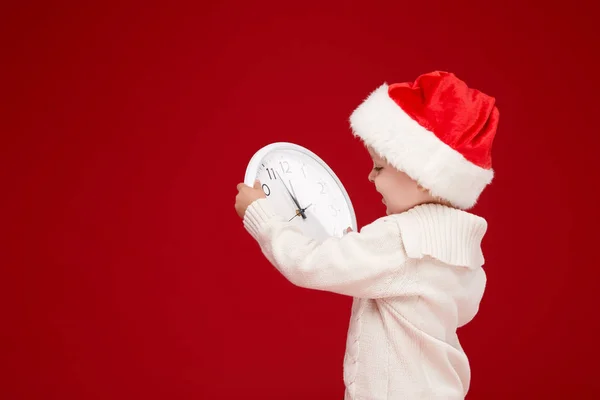 New Year Eve Cheerful Little Child Boy Christmas Hat Alarm — Stock Photo, Image