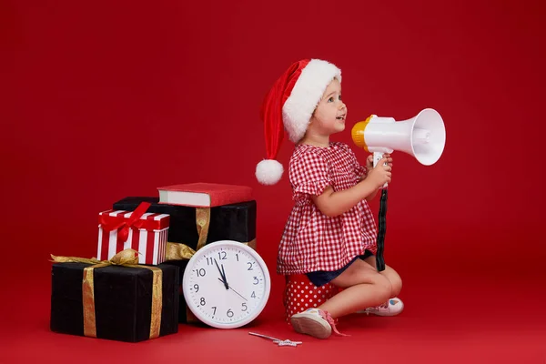 Happy Child Girl Santa Hat Big Alarm Clock Gift Kid — Stock Photo, Image