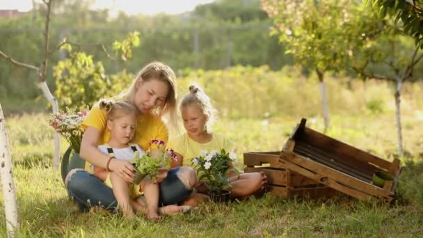Щаслива мати і дочки з квітами в літньому саду — стокове відео