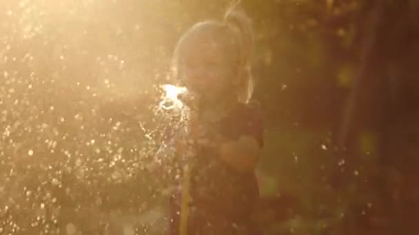 Silhouette of cute child watering summer garden in evening — Stock Video