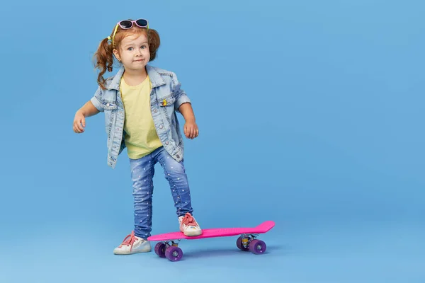Stylish Cool Little Girl Child Skateboard Blue Background — Stock Photo, Image