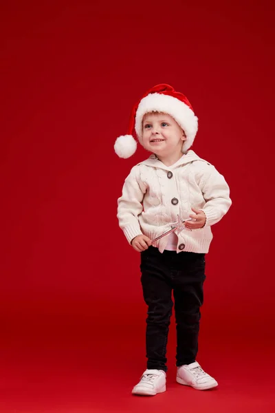 Little Kid Boy Santa Claus Hat Red Isolated Background Blank — Stock Photo, Image