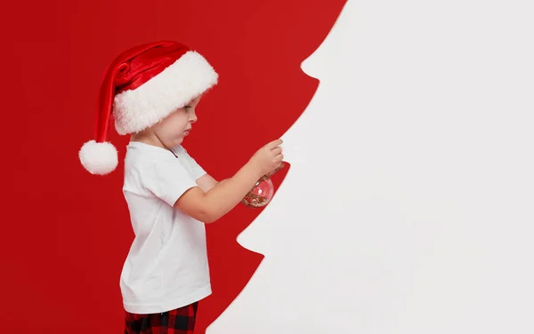 Joyeux Noël Joyeuses Fêtes Mignon Petit Garçon Enfant Décore Sapin — Photo