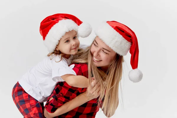 Christmas Time Happy Hugging Family Mother Daughter Little Child Playing — Stock Photo, Image