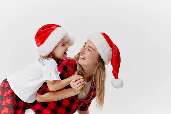 Christmas Time Happy Hugging Family Mother Daughter Little Child Playing — Stock Photo, Image