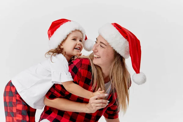 Christmas Time Happy Hugging Family Mother Daughter Little Child Playing — Stock Photo, Image