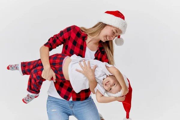 Christmas Time Happy Hugging Family Mother Daughter Little Child Playing — Stock Photo, Image