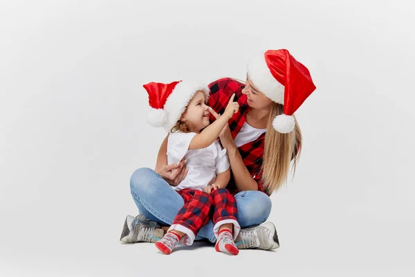 Christmas Time Happy Hugging Family Mother Daughter Little Child Playing — Stock Photo, Image