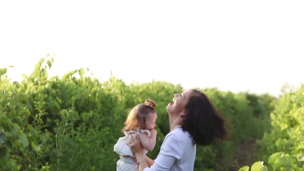 Брюнетка бросает симпатичную дочку малыша на винограднике — стоковое видео