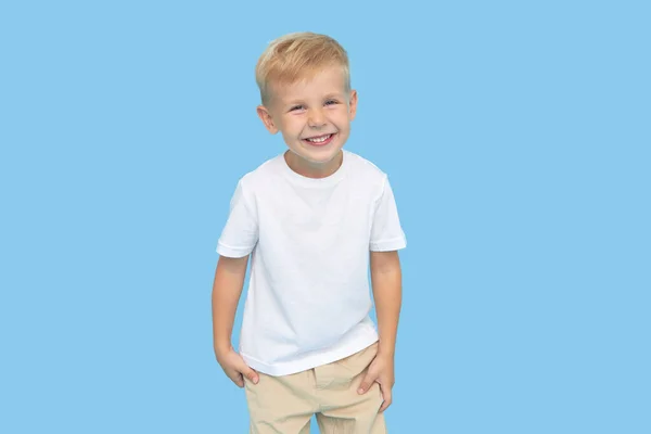 Portrait Laughing Cute Little Boy Child Standing Isolated Blue Background — Stock Photo, Image