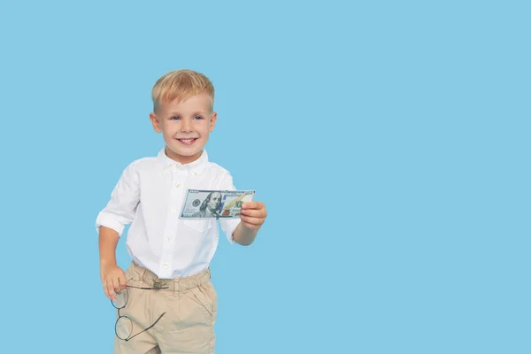 Smart Child Boy Glasses White Shirt Holds Paper Dollar Bill — Stock Photo, Image