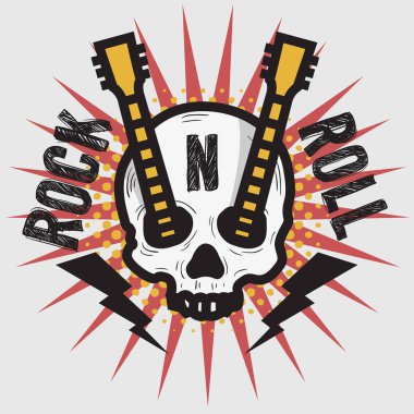 İnsan kafatası kemikleri ve bir gitar rock vektör tasarımı.