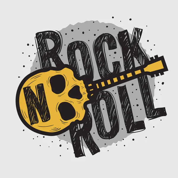 İnsan kafatası kemikleri ve bir gitar rock vektör tasarımı.