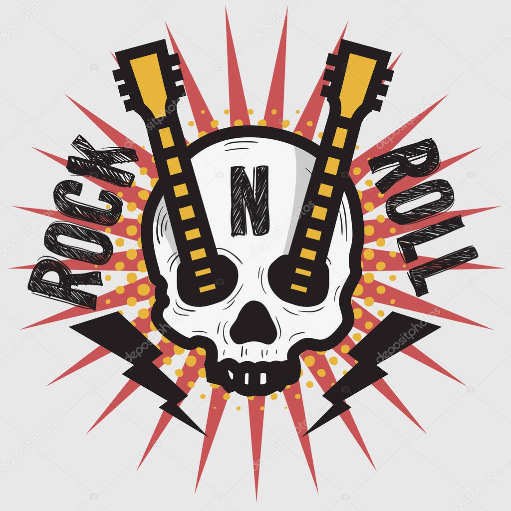 Rock Vector Design With Human Skull Bones And A Guitar.