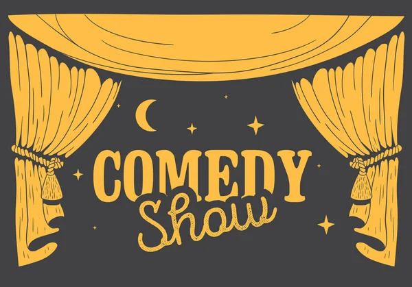 Comedia Show Concepto Con Cortinas Escenario Dibujadas Mano Imagen Vectorial — Vector de stock