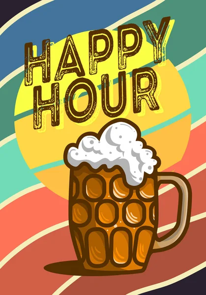Projeto feliz do cartaz da hora com uma caneca da imagem do vetor da cerveja do esboço — Vetor de Stock