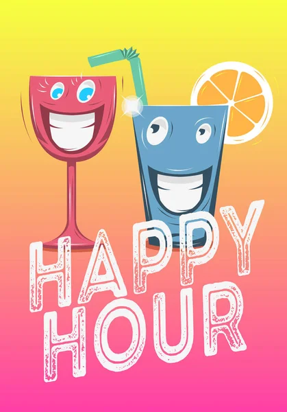 Дизайн плаката Happy Hour с забавными персонажами коктейля из стекла или векторного изображения сока — стоковый вектор
