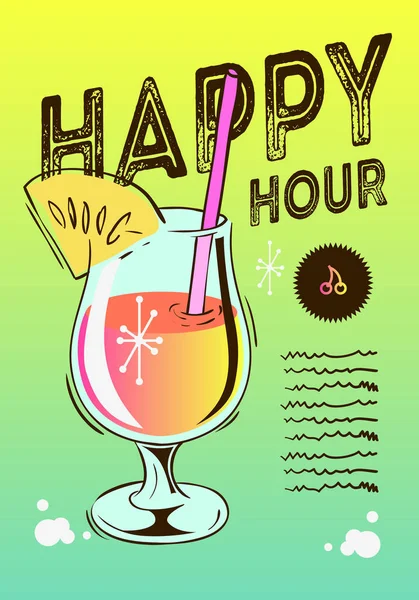 Дизайн плаката Happy Hour со стеклом для коктейля на векторном изображении зеленого и желтого градиента . — стоковый вектор