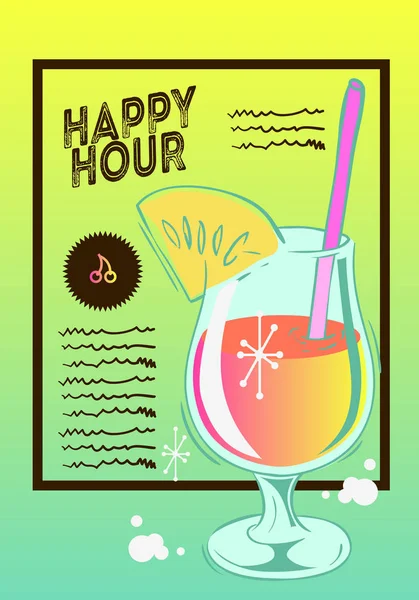 Дизайн плаката Happy Hour со стеклом для коктейля на векторном изображении зеленого и желтого градиента . — стоковый вектор