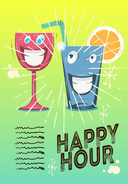 Projeto feliz do cartaz da hora com personagens engraçados do vidro do coquetel ou de uma imagem do vetor do suco . — Vetor de Stock