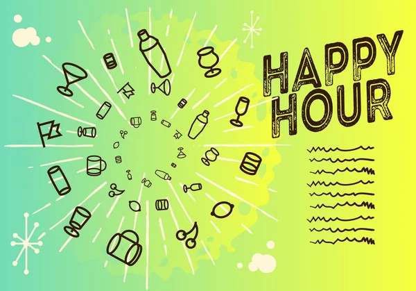 Happy Hour Plakatentwurf Auf Einem Grünen Und Gelben Gradienten Hintergrundvektorbild — Stockvektor