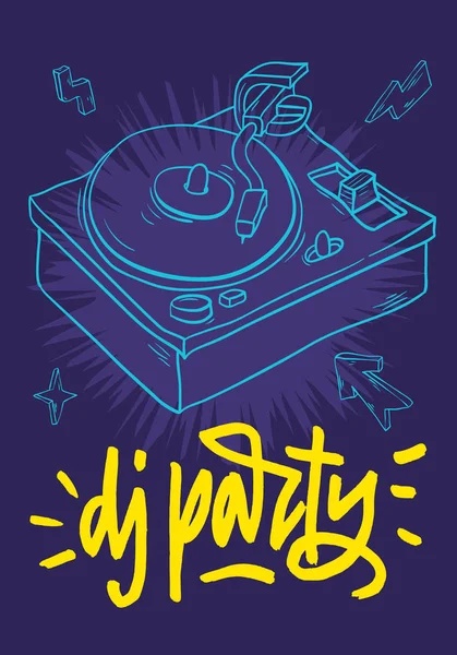 DJ-Party poszter tervez-val egy lemezjátszó és a kézzel rajzolt kutatni betűkkel vektor kép — Stock Vector