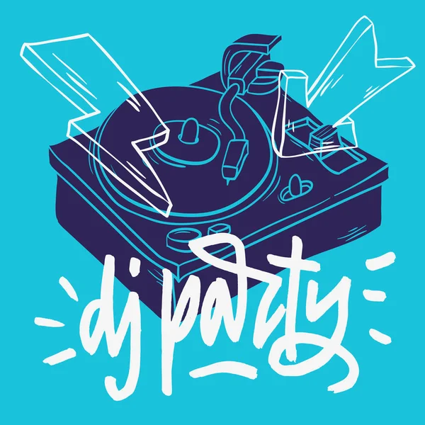 DJ-Party poszter tervez-val egy lemezjátszó és a kézzel rajzolt kutatni betűkkel vektor kép — Stock Vector