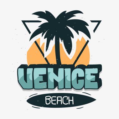 Venice Beach Los Angeles California Palm ağacı etiket işareti Logo el çizilmiş yazı Modern parşomen için t gömlek ya da etiket vektör görüntü