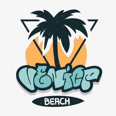 Venice Beach Los Angeles California Palm ağacı etiket işareti Logo el çizilmiş yazı Modern parşomen için t gömlek ya da etiket vektör görüntü