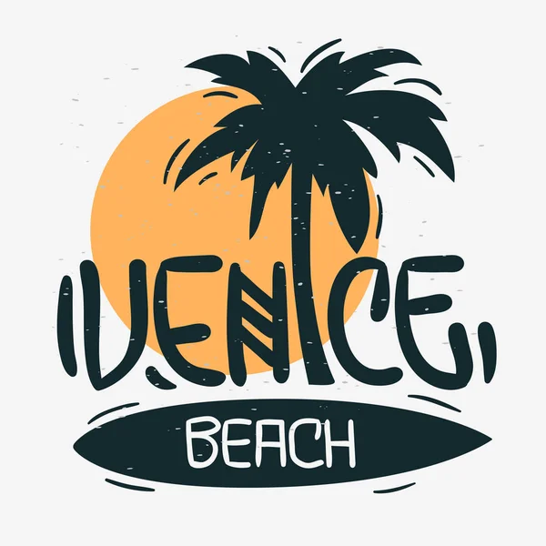 Venedig Strand los angeles Kalifornien Palme Etikett Zeichen Logo handgezeichnet Schriftzug moderne Kalligraphie für T-Shirt oder Aufkleber Vektorbild — Stockvektor