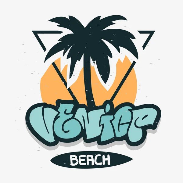 Benátky Beach Los Angeles Kalifornie Palm strom Label znamení Logo rukou kreslené nápisy moderní kaligrafie pro t tričko nebo nálepka vektorový obrázek — Stockový vektor