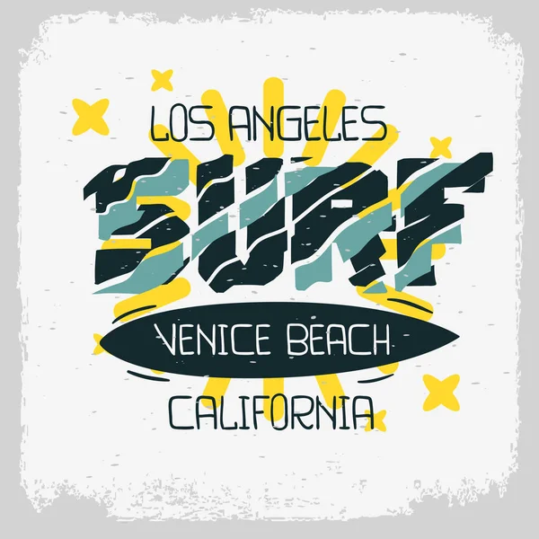 Surf Venice Beach Los Angeles Kalifornien Design dras bokstäver typ typografiska Handbehandling för t-shirt eller Klistermärke Vector Image — Stock vektor