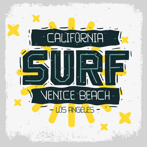 Venice Beach Los Angeles California tasarım el çizilmiş yazı t gömlek ya da etiket vektör görüntü için sörf