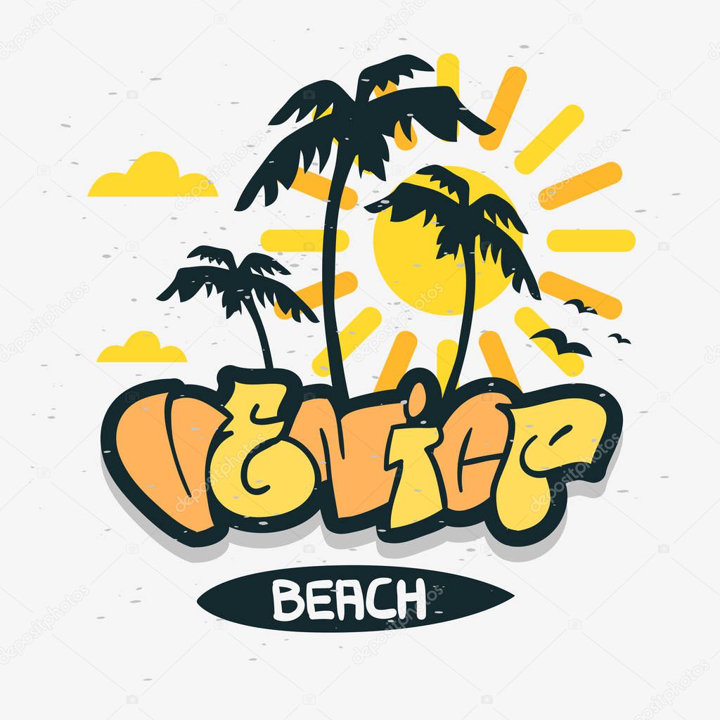 Venice Beach Los Angeles California Palm Tree Label Sign Logo Hand Drawn Lettering Modern Calligraphy for t shirt or sticker Vector Image.