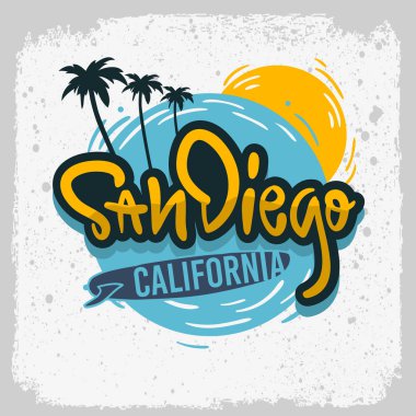 San Diego California sörf sörf tasarım el çizilmiş yazı tipi Logo işareti için etiket promosyon reklamları t gömlek ya da etiket Poster vektör görüntü