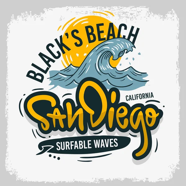 San Diego California United States Usa Surfing Surf  Design  Hand Drawn Lettering Type Logo Sign Label for Promotion Ads t shirt or sticker Poster Vector Image — Stock Vector