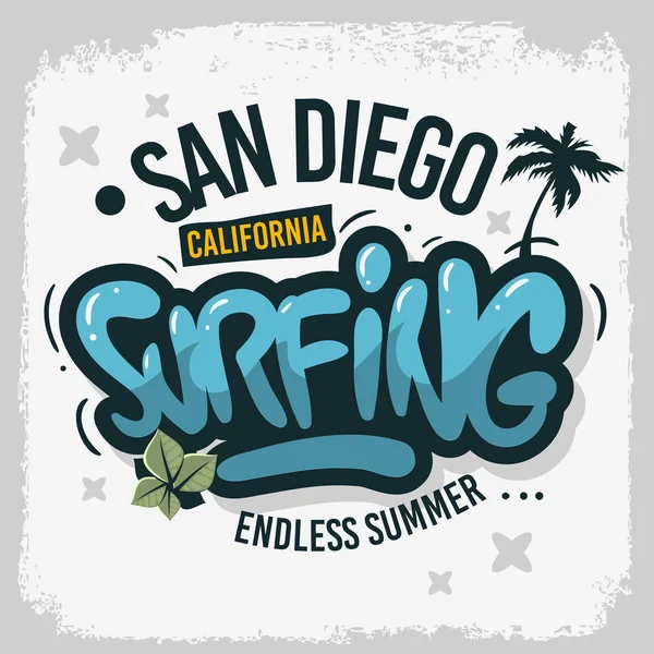 San Diego Kalifornien USA Usa Surfing Surf Hand dras bokstäver typ logotyp tecken designmärke för befordran annonser t skjorta eller klistermärke affisch vektorbild — Stock vektor