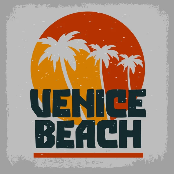 Venice Beach Los Angeles California Palm Trees Signo de etiqueta Logotipo Dibujado a mano Letras para camiseta o pegatina Cartel para publicidad promocional Imagen vectorial — Vector de stock