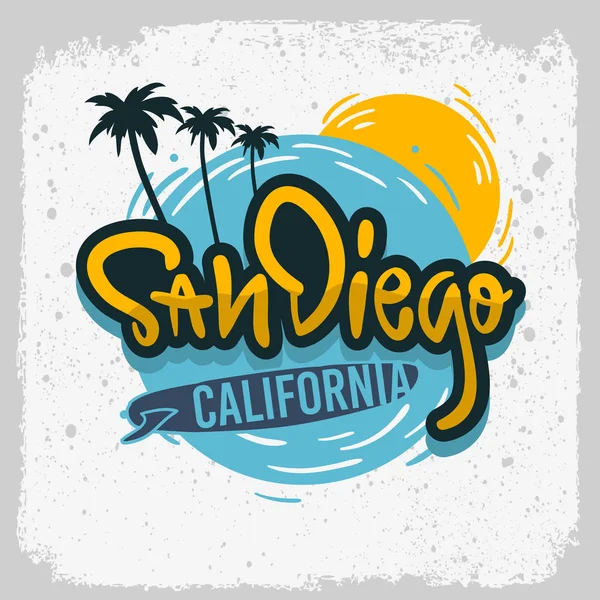 San Diego California szörfözés Surf Design kézzel rajzolt betűkkel logó jel címkéről hirdetések promóciós póló vagy matrica poszter vektor kép — Stock Vector