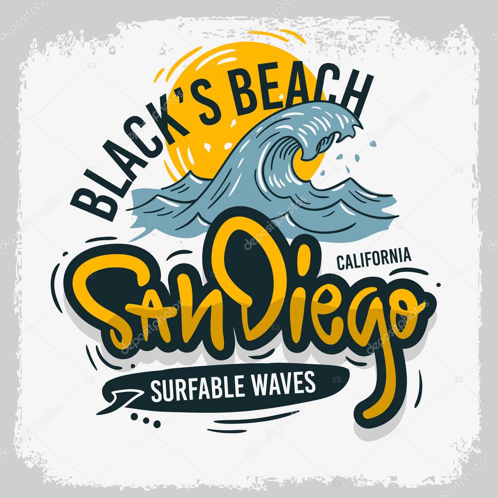 San Diego California United States Usa Surfing Surf Design Hand Drawn Lettering Type Logo Sign Label for Promotion Ads t shirt or sticker Poster Vector Image.