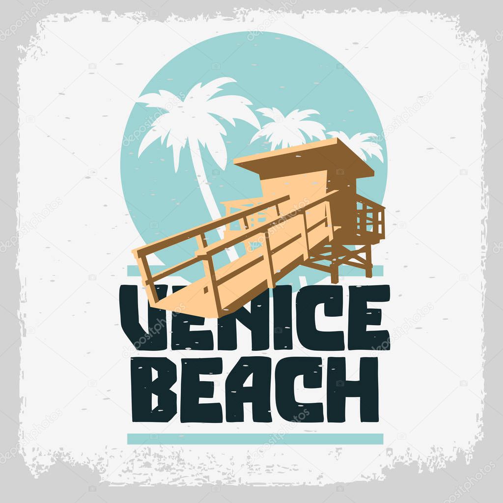 Venice Beach Los Angeles California Lifeguard Tower Station Beach Rescue Palm Trees Logo Sign Label Design For Promotion Ads t shirts Sticker Poster Flyer Vector Graphic