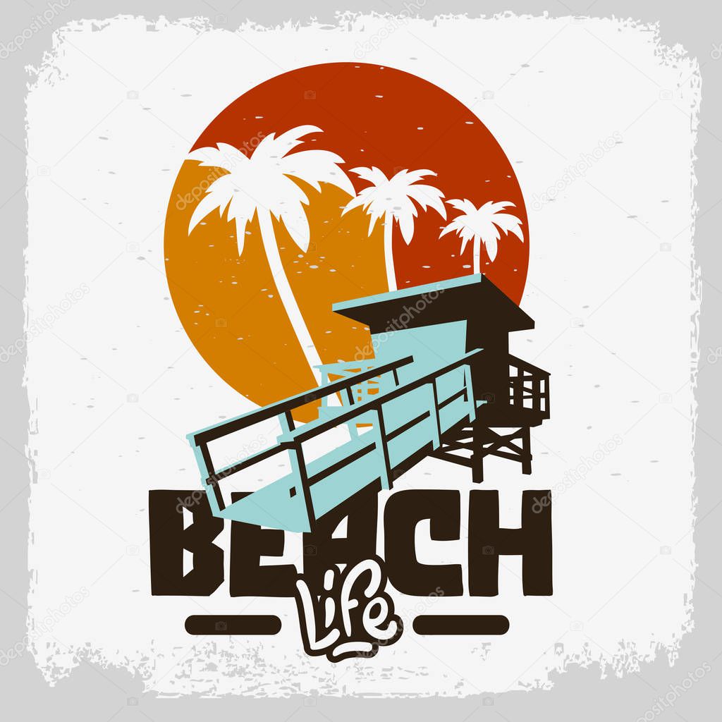 Beach Life  Lifeguard Tower Station Beach Rescue Palm Trees Logo Sign Label Design For Promotion Ads t shirts Sticker Poster Flyer Vector Graphic.
