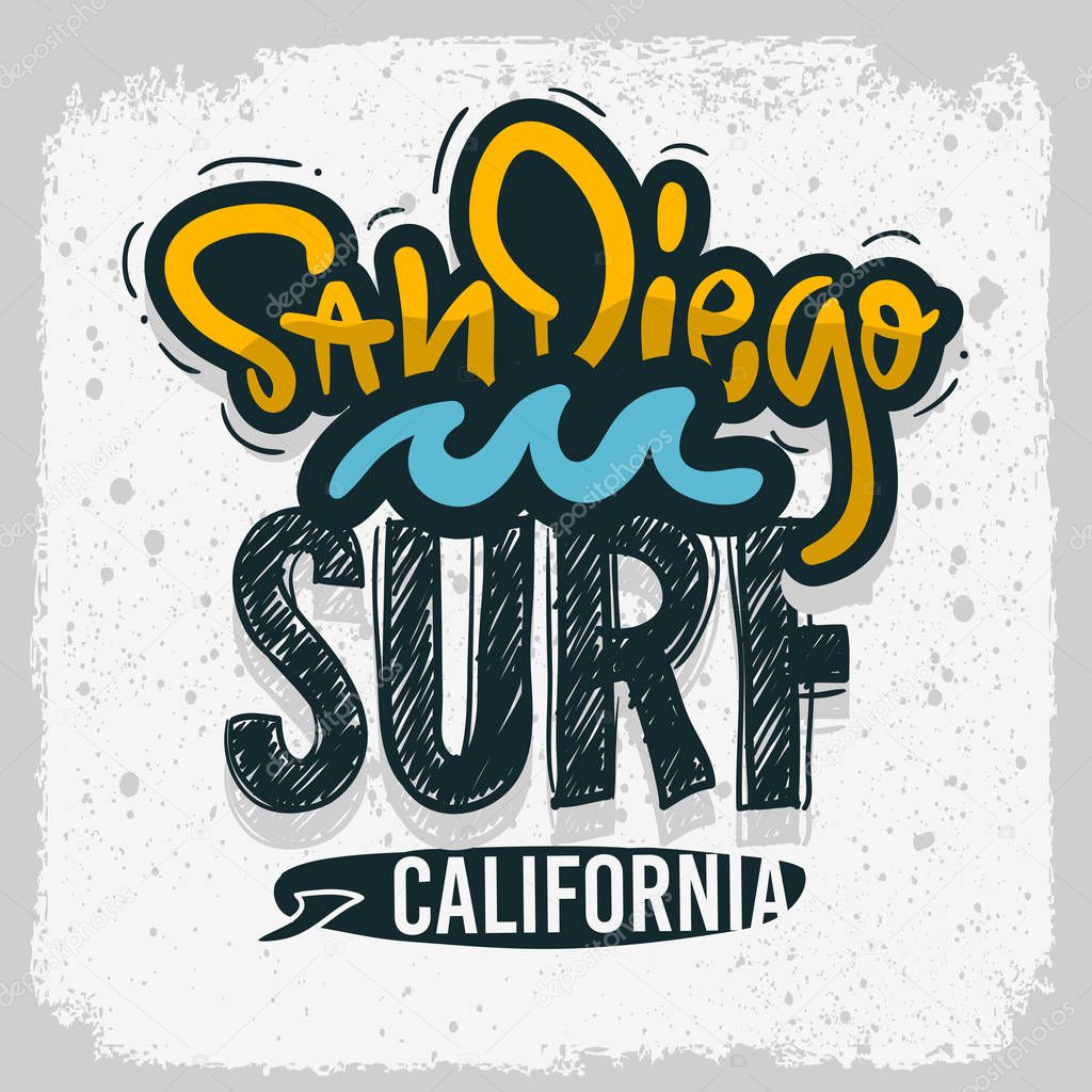 San Diego California Surfing Surf Design Hand Drawn Lettering Type Logo Sign Label for Promotion Ads t shirt or sticker Poster Vector Image.