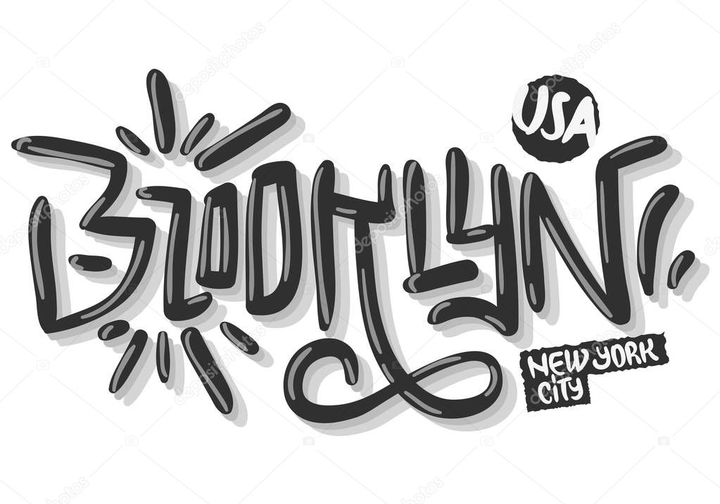 Brooklyn New York Usa Hip Hop Related Tag Graffiti Influenced Label Sign Logo Hand Drawn Lettering for t shirt or sticker on a white background. Vector Image