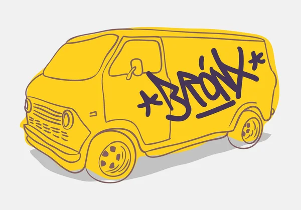 Bronx Graffiti Tagged Amarelo Americano Muscle Van Hand Drawn Lettering para t-shirt ou adesivo Vector Ilustração —  Vetores de Stock