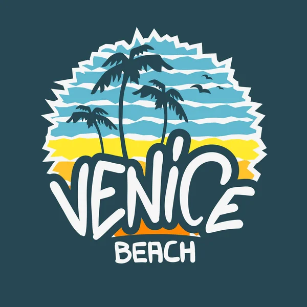 Velence Beach Los Angeles Kalifornia címke jel logó kézzel rajzolt betűkkel Modern kalligráfia póló és a matrica vektor kép — Stock Vector