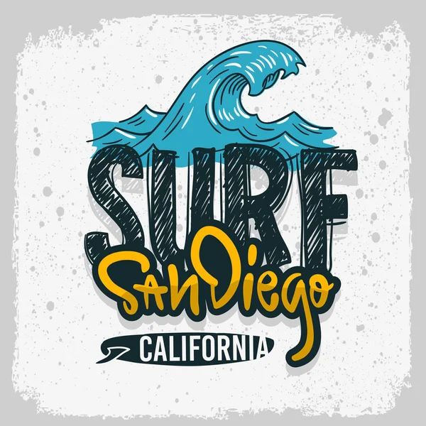 San Diego Kalifornia Surfing Surf Design Käsin piirretty Lettering Tyyppi Logo Sign Label for Promotion Mainokset t paita tai tarra Juliste Vektori Image — vektorikuva