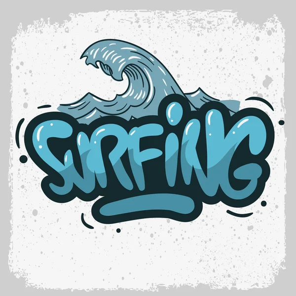 Surf Surf Design With A Wave Illustration Hand Drawn Lettering Type Logo Sign Label for Promotion Ads t-shirt ou adesivo Poster Vector Image . —  Vetores de Stock