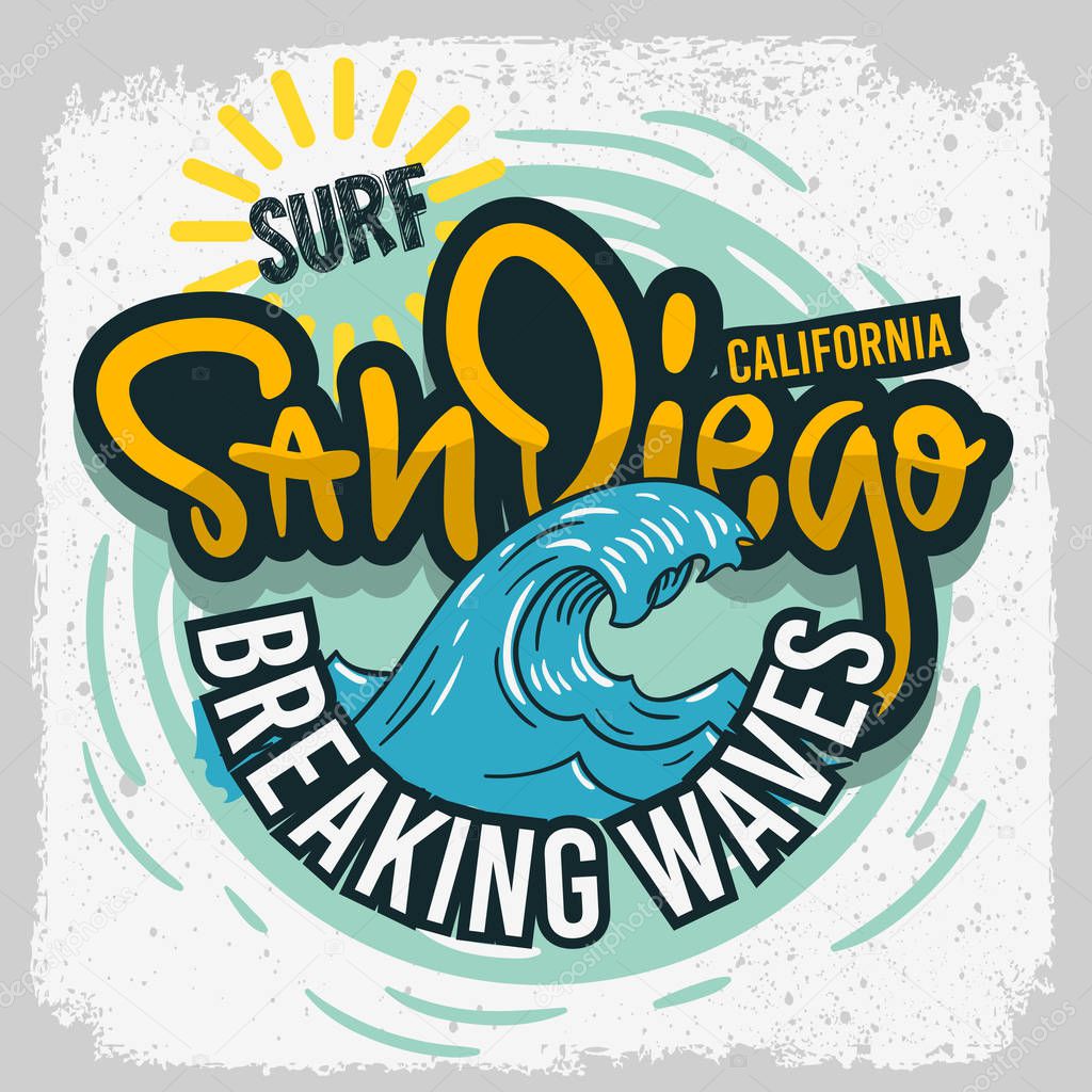 San Diego California Surfing Surf Design Hand Drawn Lettering Type Logo Sign Label for Promotion Ads t shirt or sticker Poster Vector Image.